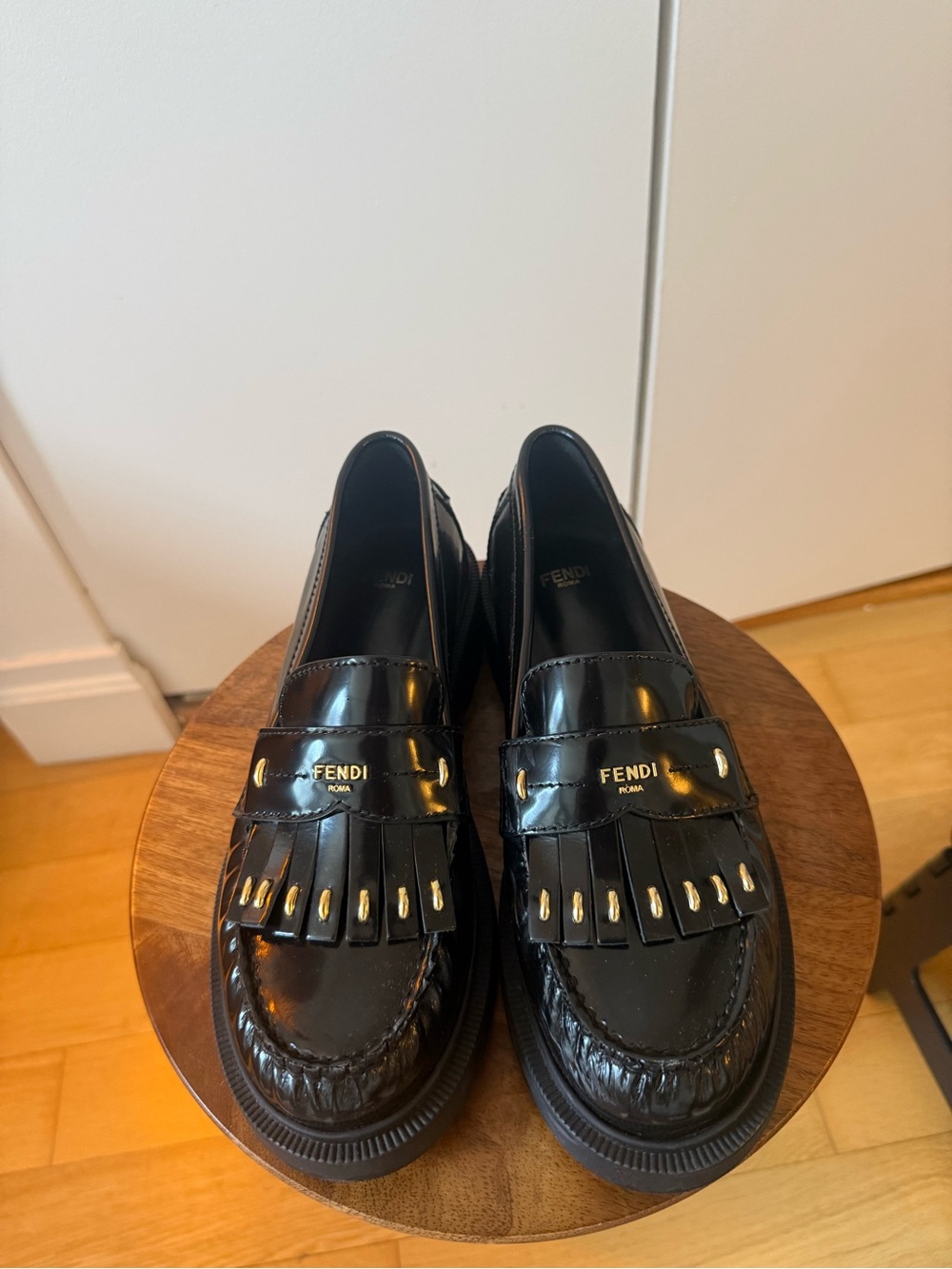 Fendi Black Patent Leather Fringe Loafers with Gold Accents